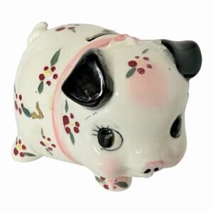 Vtg Relco Japan Piggy Bank 1950s Flower Pig Big Eyes Anthropomorphic Blue Ribbon